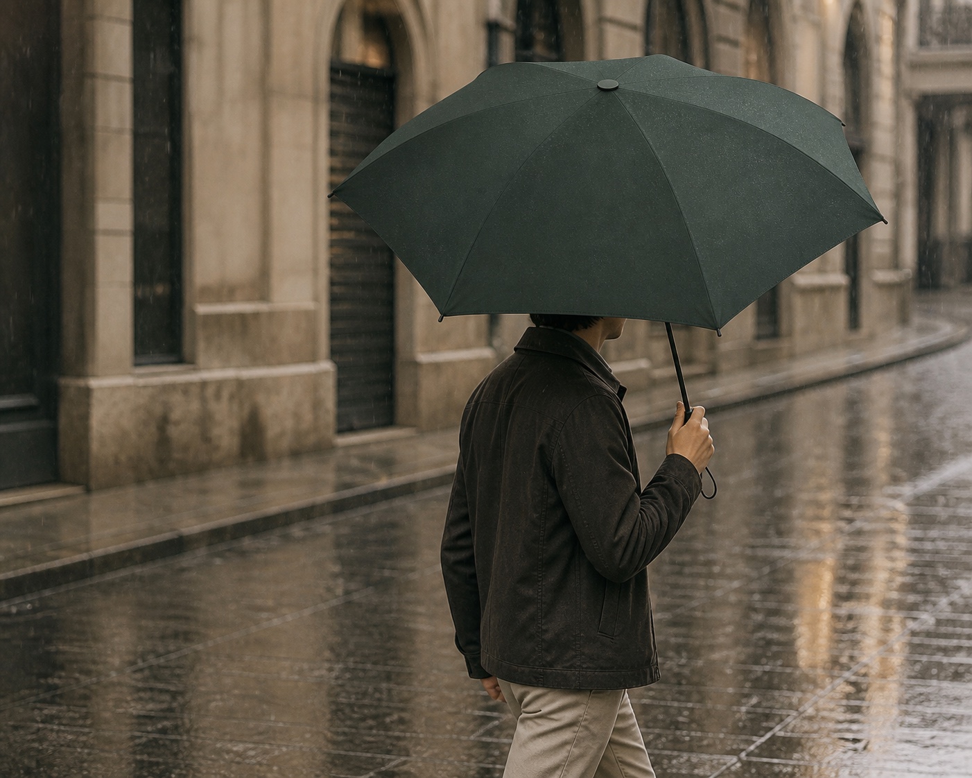 Person carrying a deep forest Sombrello umbrella in the rain
